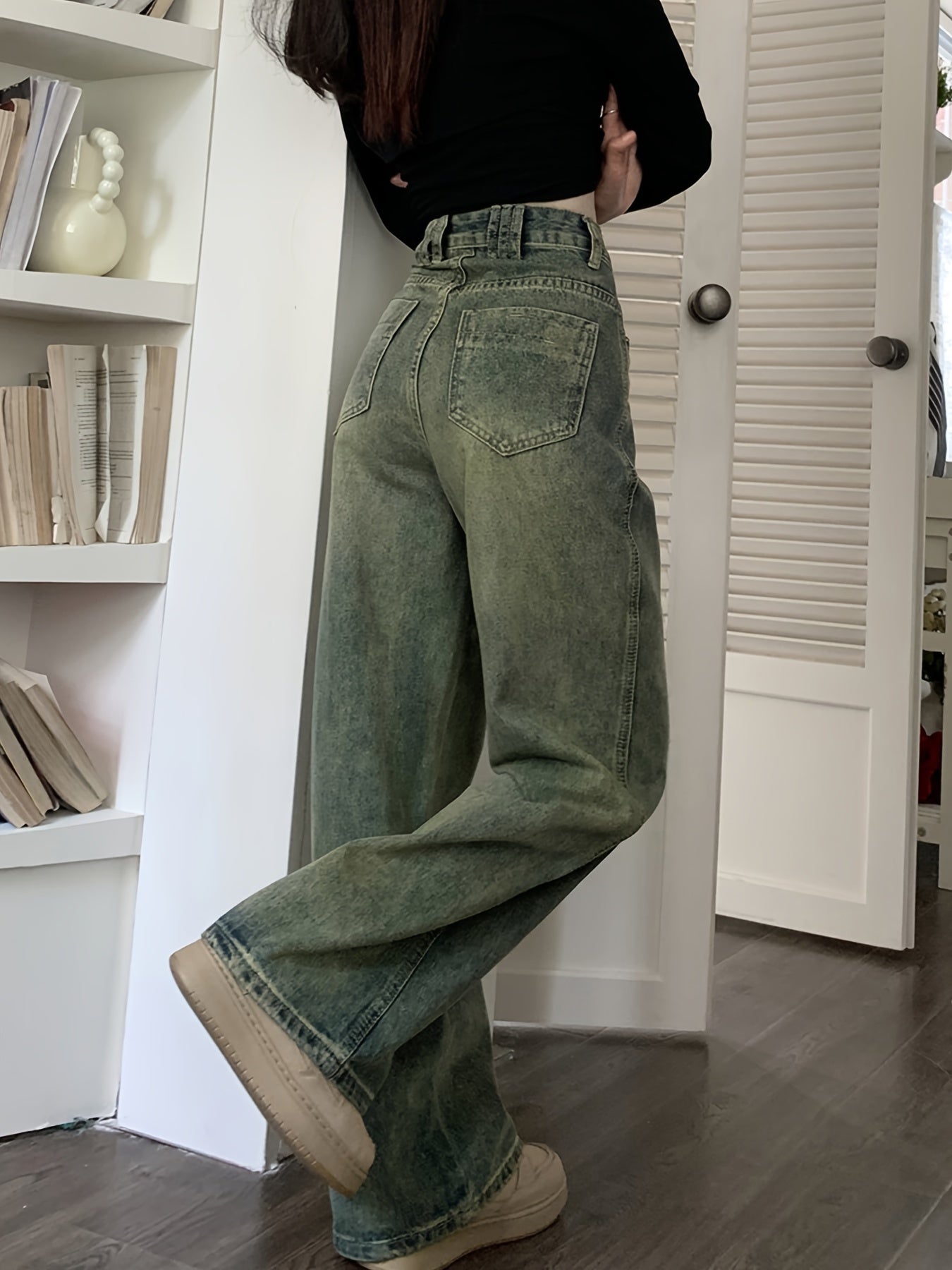 vlovelaw  High Waist Washed Wide Leg Jeans, Slant Pocket Loose Vintage Baggy Jeans, Women's Denim Jeans & Clothing
