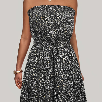 Ditsy Floral Off Shoulder Dress, Sexy Sleeveless Drawstring Summer Dress, Women's Clothing