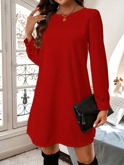 vlovelaw Solid Button Back Dress, Casual Long Sleeve Crew Neck Dress, Women's Clothing