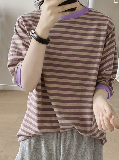 vlovelaw  Crew Neck Striped T-Shirt, Random Print Casual Top For Summer & Spring, Women's Clothing