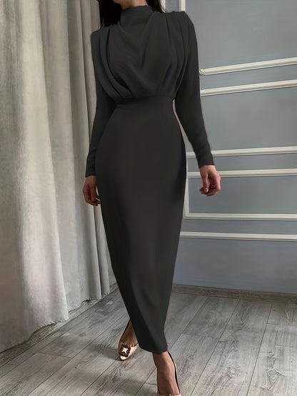 Solid Ruched Dress, Elegant Simple Long Sleeve Slim Waist Dress, Women's Clothing