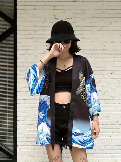 vlovelaw  Wave & Carp Print Japanese Kimono, Casual Open Front Kimono, Women's Clothing