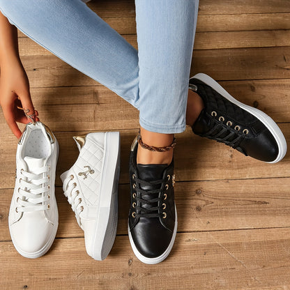 vlovelaw  Women's Quilted Skate Shoes, Metallic Buckle Decor Low Top Flat Sneakers, Casual White Walking Trainers