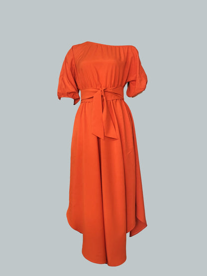 vlovelaw Plus Size Solid Cold Shoulder Belted Dress, Elegant Short Sleeve Irregular Hem Slit Dress, Women's Plus Size Clothing