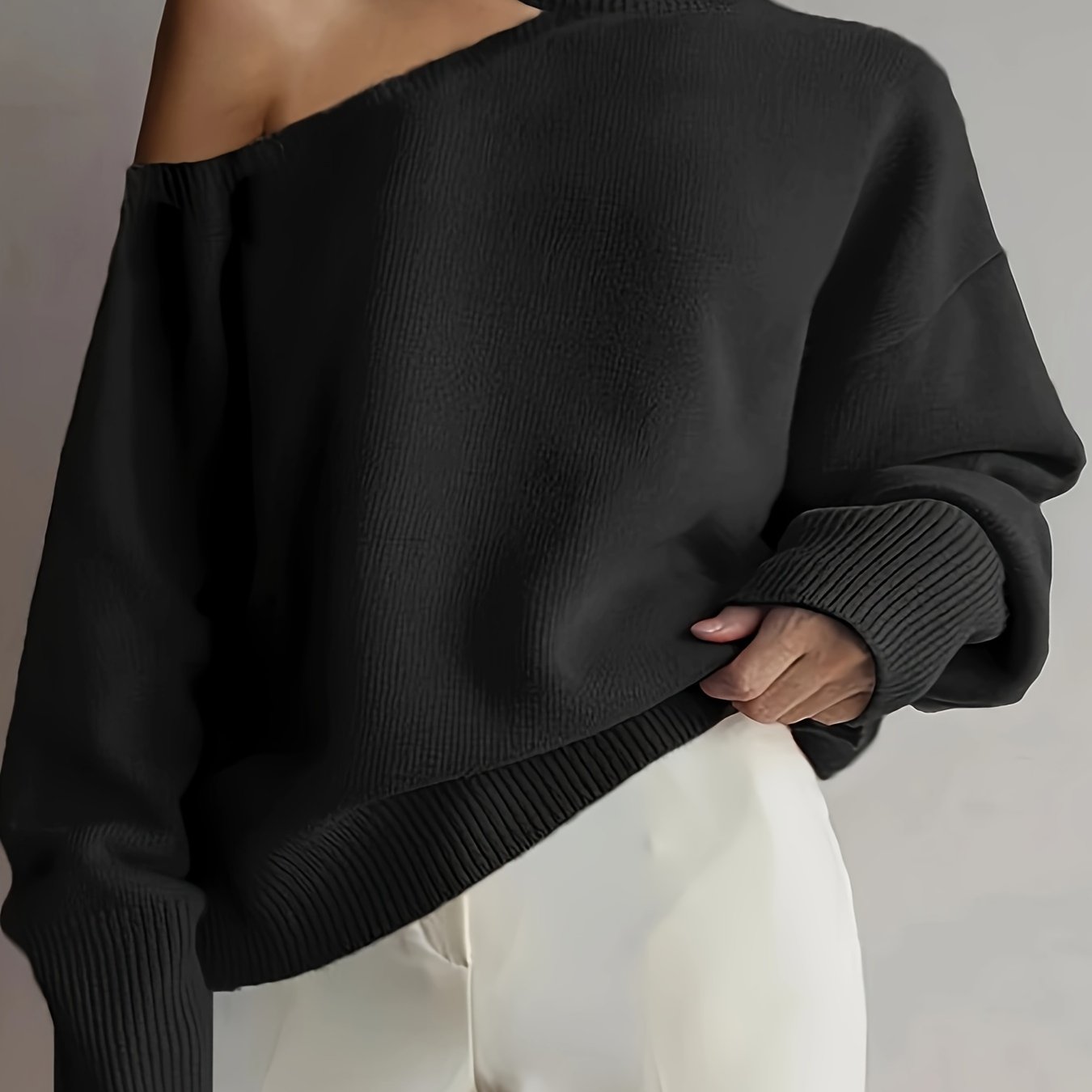 vlovelaw  Cut Out Solid Knit Sweater, Casual High Neck Long Sleeve Sweater, Women's Clothing