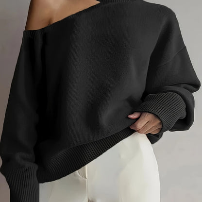 vlovelaw  Cut Out Solid Knit Sweater, Casual High Neck Long Sleeve Sweater, Women's Clothing