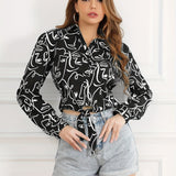 Figure Print Tie Front Crop Blouse, Vacation Style Long Sleeve Blouse, Women's Clothing