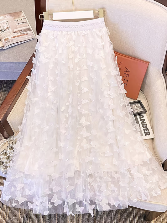 Butterfly Applique Mesh Skirt, Elegant Skirt For Spring & Fall, Women's Clothing