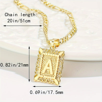18K Gold Plated Square Monogram Pendant Necklace - Fashionable Personalized Alphabet Letter A-Z Figaro Chain Necklace for Men and Women - Copper Material, No Magnetic, No Mosaic, Plating-Free, Stylish Jewelry for Any Occasion
