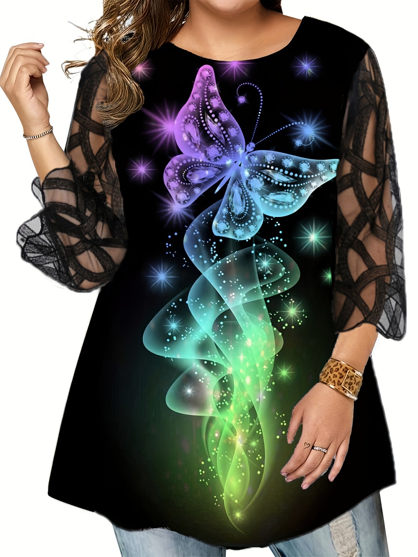Plus Size Casual T-shirt, Women's Plus Glitter Butterfly Print Contrast Lace Half Sleeve Round Neck Slight Stretch T-shirt