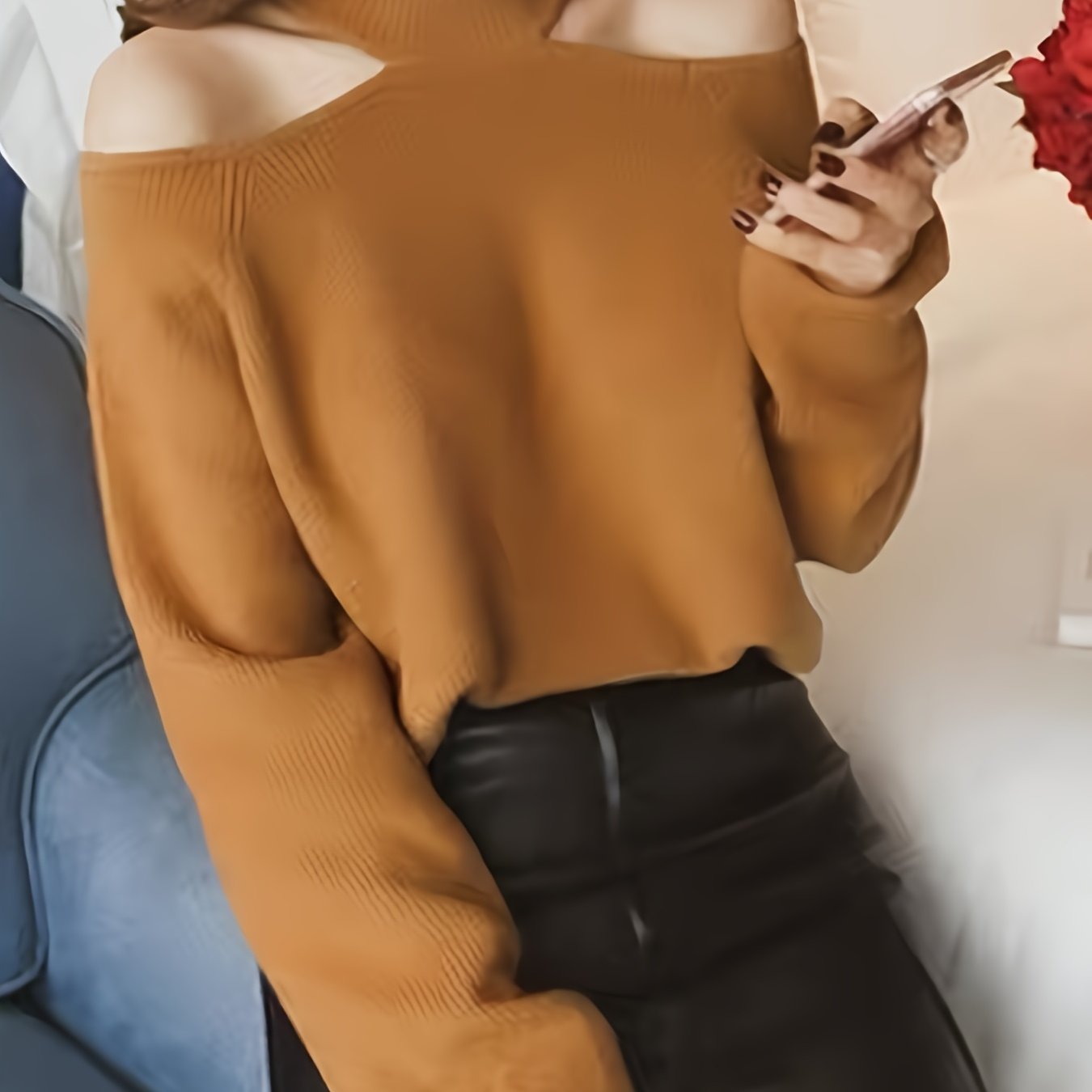vlovelaw  Solid Mock Neck Pullover Sweater, Casual Cold Shoulder Long Sleeve Loose Sweater, Women's Clothing