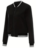 Contrast Trim Zipper Bomber Jacket, Casual Long Sleeve Varsity Jacket For Spring & Fall, Women's Clothing