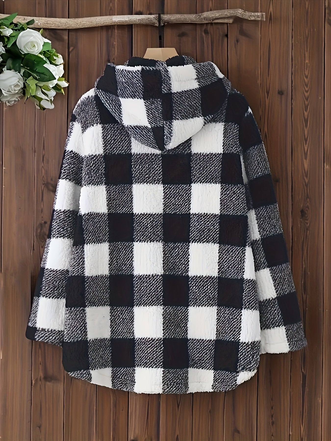 vlovelaw  Plaid Button Up Fuzzy Hoodie, Casual Long Sleeve Pocket Hoodies Coat, Women's Clothing