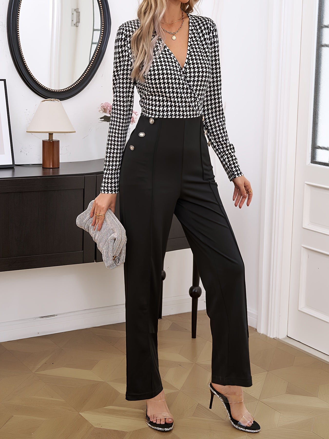 vlovelaw  Houndstooth Pattern Button Decor Jumpsuit, Elegant V Neck Long Sleeve Jumpsuit For Work & Office, Women's Clothing