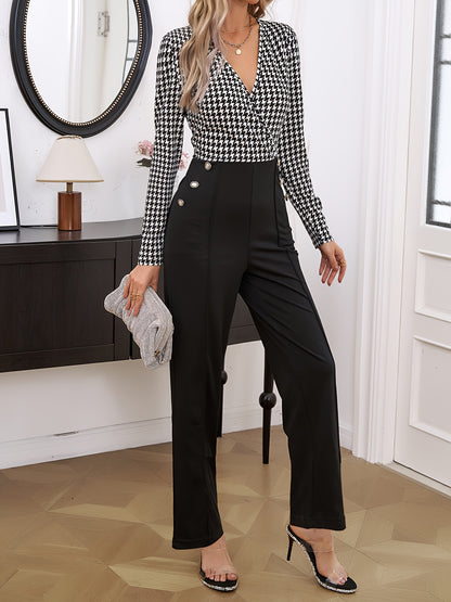 vlovelaw  Houndstooth Pattern Button Decor Jumpsuit, Elegant V Neck Long Sleeve Jumpsuit For Work & Office, Women's Clothing