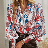 vlovelaw Floral Print Button Front Blouse, Casual Shirred Long Sleeve Blouse, Women's Clothing
