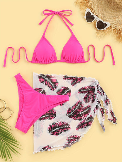 Three-Piece Bikini Set - Flattering Halter Neck Design, Ultra Quick-Drying Technology, Comfortable Four-Way Stretch Fabric - Designed for Women, Vibrant Feather Print Pattern, Matching Cover Up Skirt, Perfect for Beachwear and Poolside Fashion