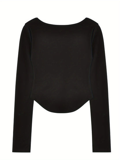 vlovelaw Solid Square Neck Curved Hem T-Shirt, Versatile Long Sleeve T-Shirt For Spring & Fall, Women's Clothing
