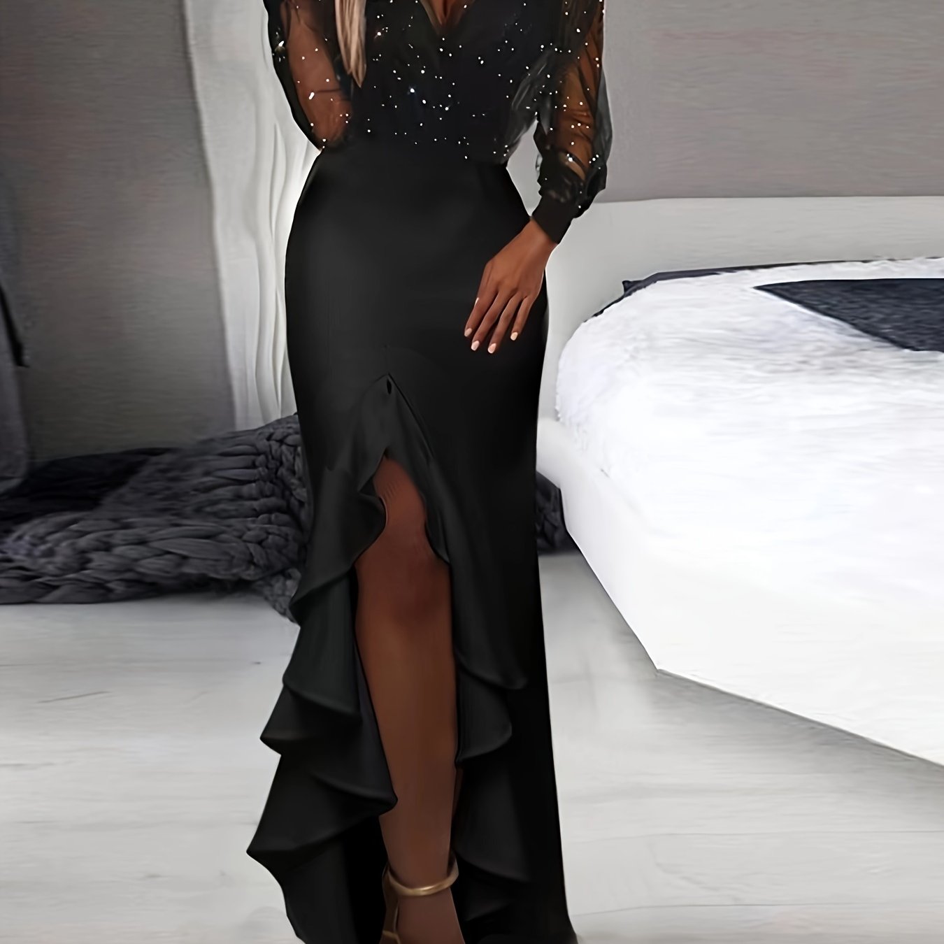 vlovelaw  Split Plunging Neck Maxi Dress, Elegant Long Sleeve Dress For Party & Banquet, Women's Clothing