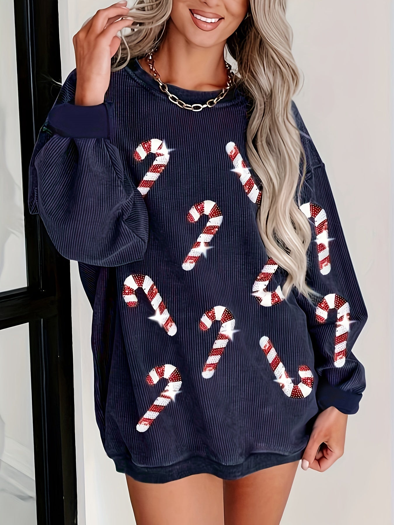 Sparkling Sequin Christmas Crew Neck Sweatshirt for Women - Casual Long Sleeve Pullover, Polyester, Machine Washable