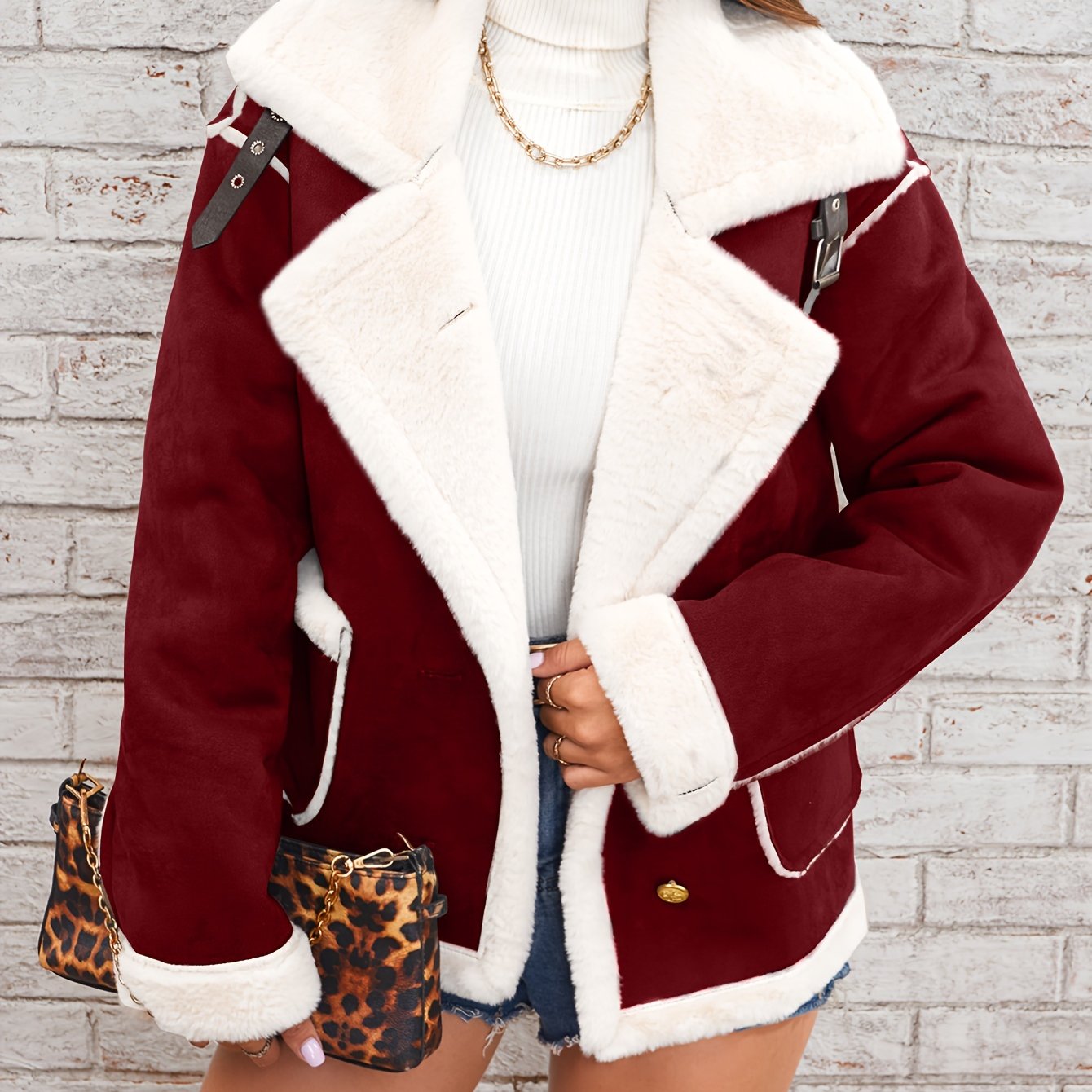vlovelaw  Lapel Plush Jacket, Winter Warm Casual Outwear, Women's Clothing