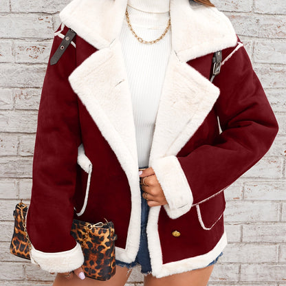 vlovelaw  Lapel Plush Jacket, Winter Warm Casual Outwear, Women's Clothing