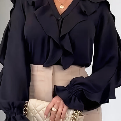 vlovelaw  Solid Ruffle Trim V Neck Blouse, Elegant Long Sleeve Blouse For Spring & Fall, Women's Clothing