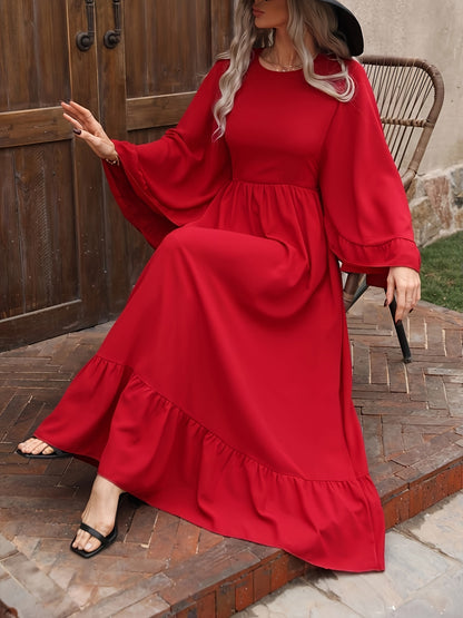 Solid Crew Neck Batwing Sleeve Dress, Cinched Waist Ruffle Hem A-line Dress, Women's Clothing