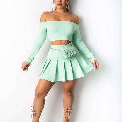 vlovelaw  Solid Elegant Two-piece Set, Off Shoulder Long Sleeve Crop Top & Pleated Mini Skirt Outfits, Women's Clothing
