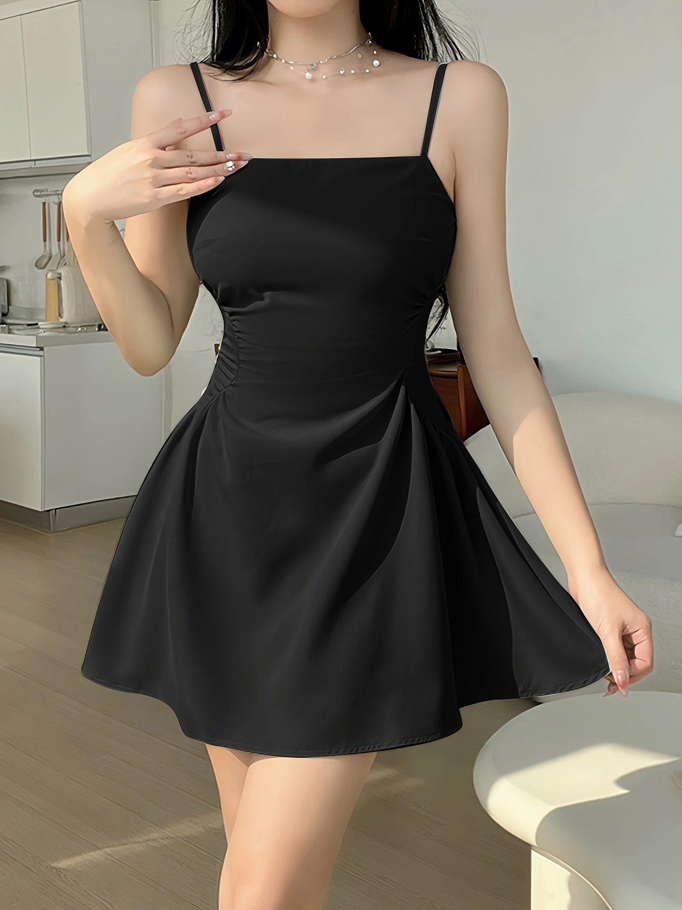 vlovelaw Solid Spaghetti Strap Dress, Chic Backless A-line Cami Dress, Women's Clothing