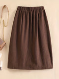 Solid Elastic Waist Button Cotton Skirt, Vintage Pocket Midi Skirt For Spring & Fall, Women's Clothing