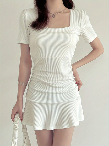 vlovelaw  Solid Ruched Waist Bodycon Dress, Preppy Square Neck Short Sleeve Mini Dress For Spring & Summer, Women's Clothing
