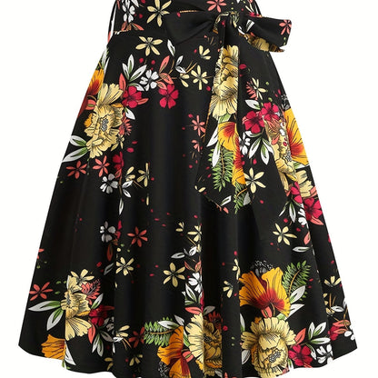 vlovelaw  Polka Dot Print Pleated Skirts, Vintage Bow Flare Skirts For Spring & Summer, Women's Clothing