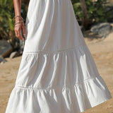 vlovelaw  Boho Solid A-line Tiered Skirt, Elastic Waist Casual Layered Skirt For Summer & Spring, Women's Clothing