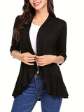 vlovelaw V-neck Loose Pleated Cardigans, Casual Frill Solid 3/4 Sleeve Spring Summer Fall Cardigan, Women's Clothing