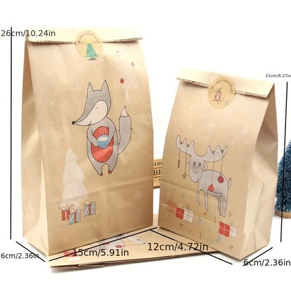 12 Pcs Kraft Paper Gift Bags with Christmas Tree Stickers, Candy Wrap Decoration, Christmas Bags for Gift Wrapping