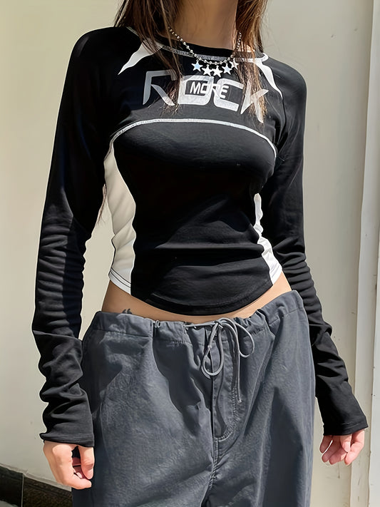 vlovelaw Letter Print Contrast Trim T-Shirt, Casual Long Sleeve T-Shirt For Spring & Fall, Women's Clothing