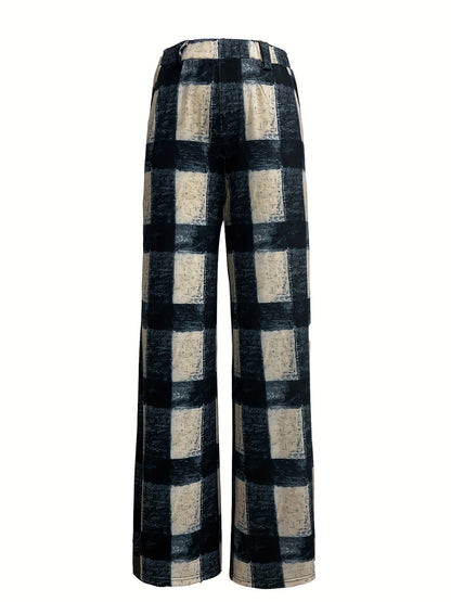 Plaid High Waist Wide Leg Pants, Casual Pants For Spring & Fall, Women's Clothing