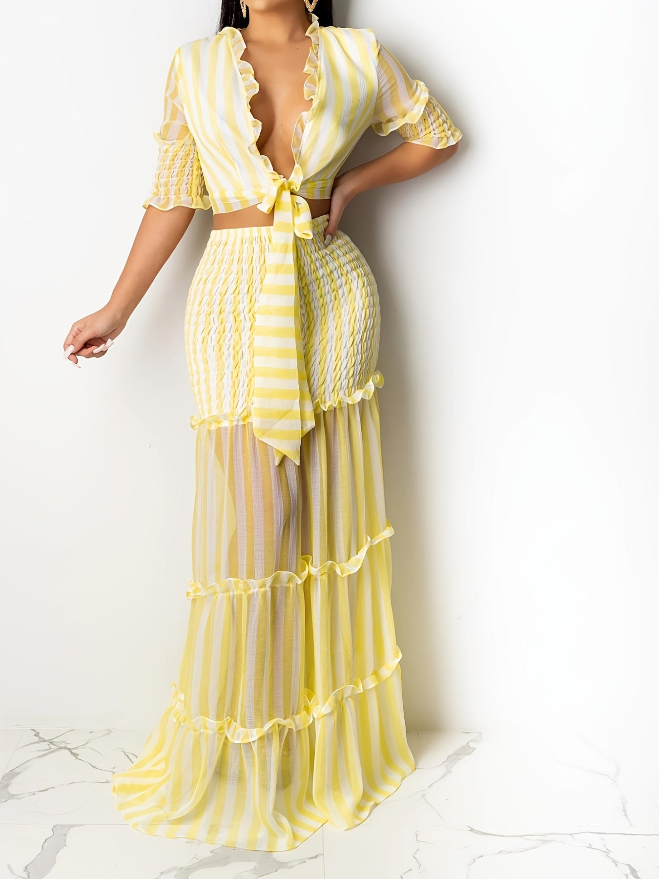 vlovelaw  Sexy Striped Chiffon Print Skirt Two-piece Set, Lace Up Crop Tops & High Waist Long Skirt Set, Women's Clothing