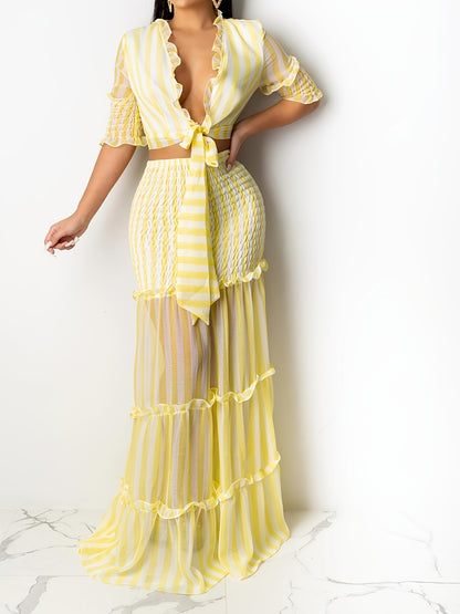 vlovelaw  Sexy Striped Chiffon Print Skirt Two-piece Set, Lace Up Crop Tops & High Waist Long Skirt Set, Women's Clothing