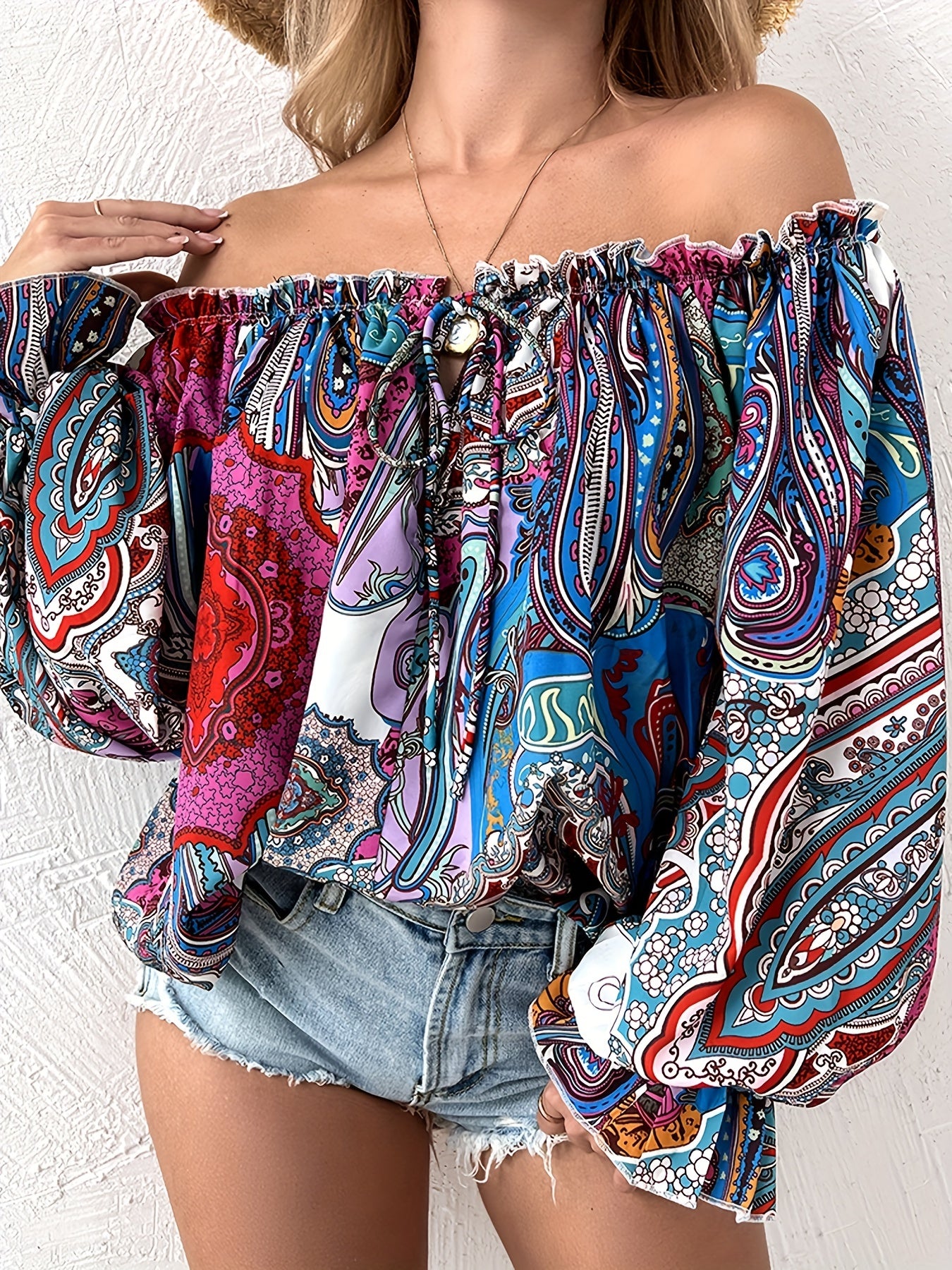 vlovelaw  Paisley Print Off Shoulder Blouse, Casual Long Sleeve Blouse For Spring & Fall, Women's Clothing