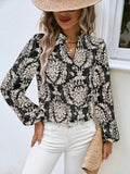 Ethnic Floral Print Blouse, Boho V Neck Long Sleeve Blouse, Women's Clothing