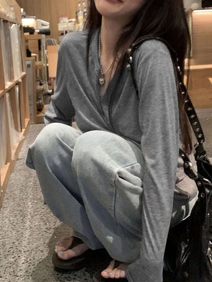 vlovelaw  Button Front Solid T-Shirt, Casual Long Sleeve Top For Spring & Fall, Women's Clothing