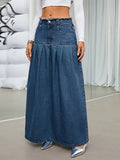 vlovelaw  Raw Trim Waist Denim Mixi Skirt, High Waist A-Line Pleated Denim Skirt, Women's Denim Clothing