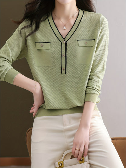 vlovelaw Elegant Long Sleeve T-shirt, Cool And Breathable Fabric, Casual V Neck Versatile Pullover, Top For Spring & Fall, Women's Clothing