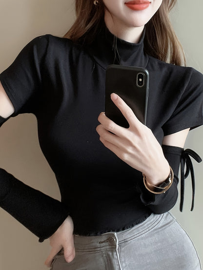 vlovelaw Cut Out Mock Neck T-Shirt, Y2K Long Sleeve Top For Spring & Fall, Women's Clothing