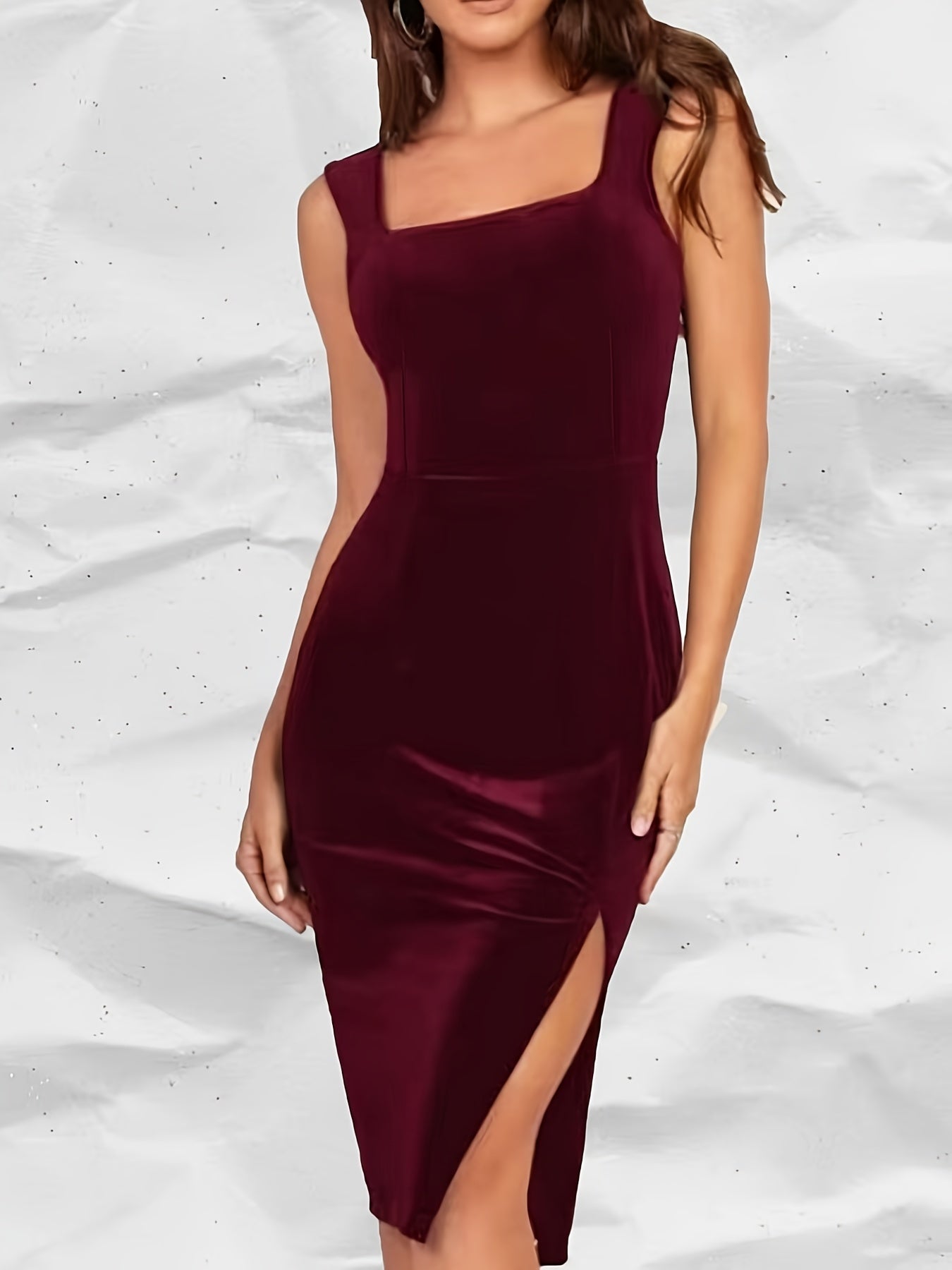 Solid Split Hem Bodycon Velvet Dress, Sleeveless Square Neck Elegant Dress, Women's Clothing