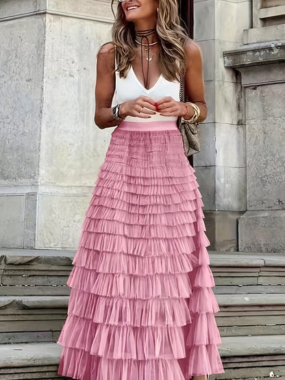 vlovelaw  Mesh Layered Hem Skirt, Boho High Waist Skirt, Women's Clothing