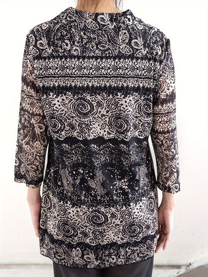 All Over Print V Neck Blouse, Elegant Long Sleeve Blouse For Spring & Fall, Women's Clothing