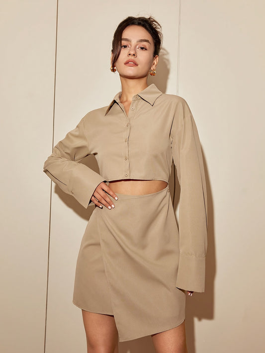 vlovelaw Solid Cut Out Waist Shirt Dress, Casual Long Sleeve Lapel Collar Dress, Women's Clothing